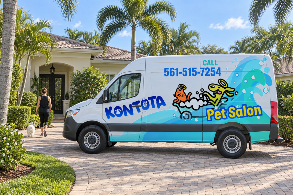 Illustrative Palm Beach driveway scene with Kontota van and phone 561-515-7254