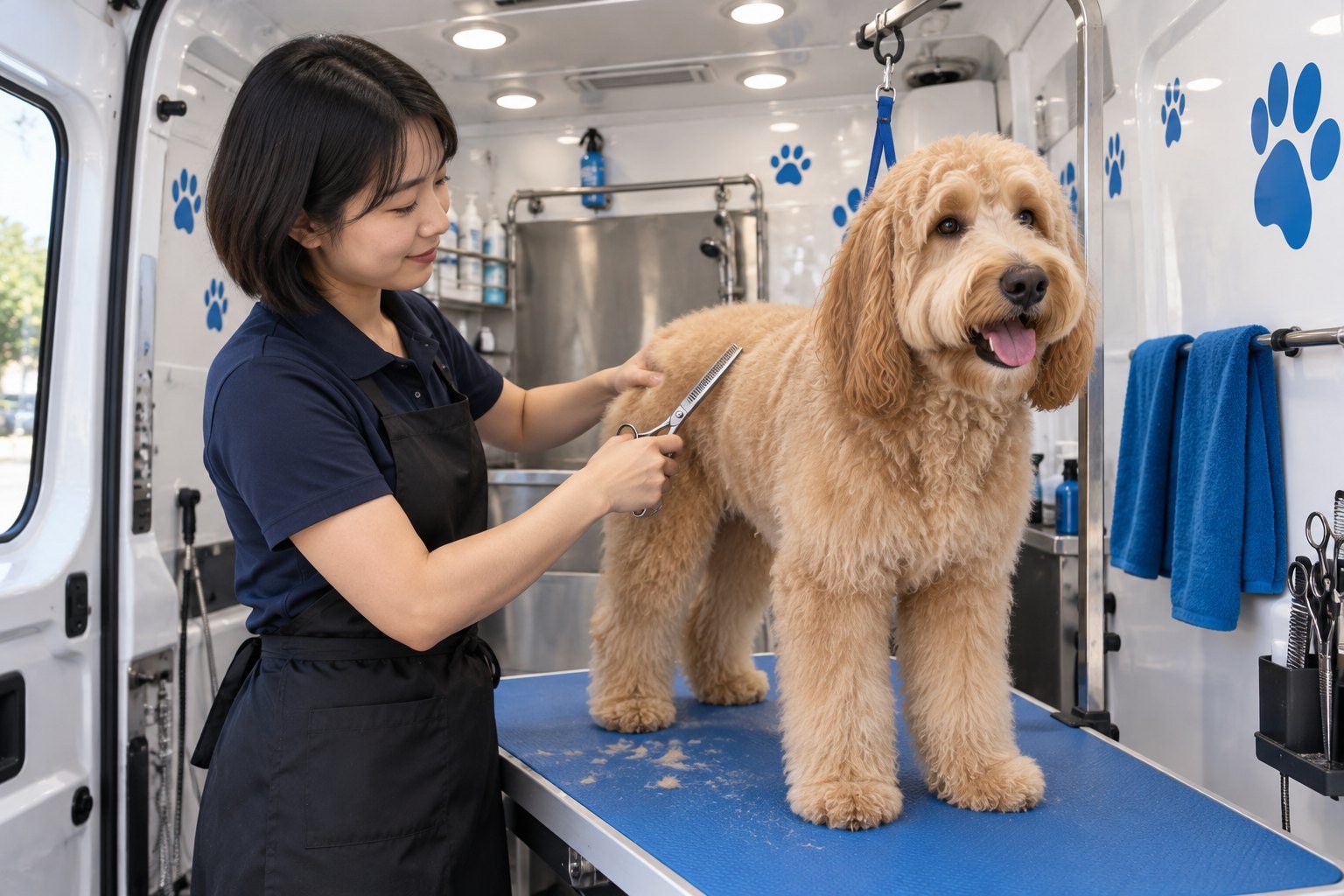 Kontota groomer trimming a doodle inside a mobile grooming van in Aubrey, TX