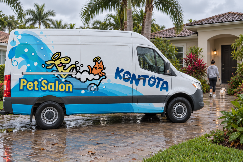Illustrative scene using Kontota Miami's van artwork in a residential driveway