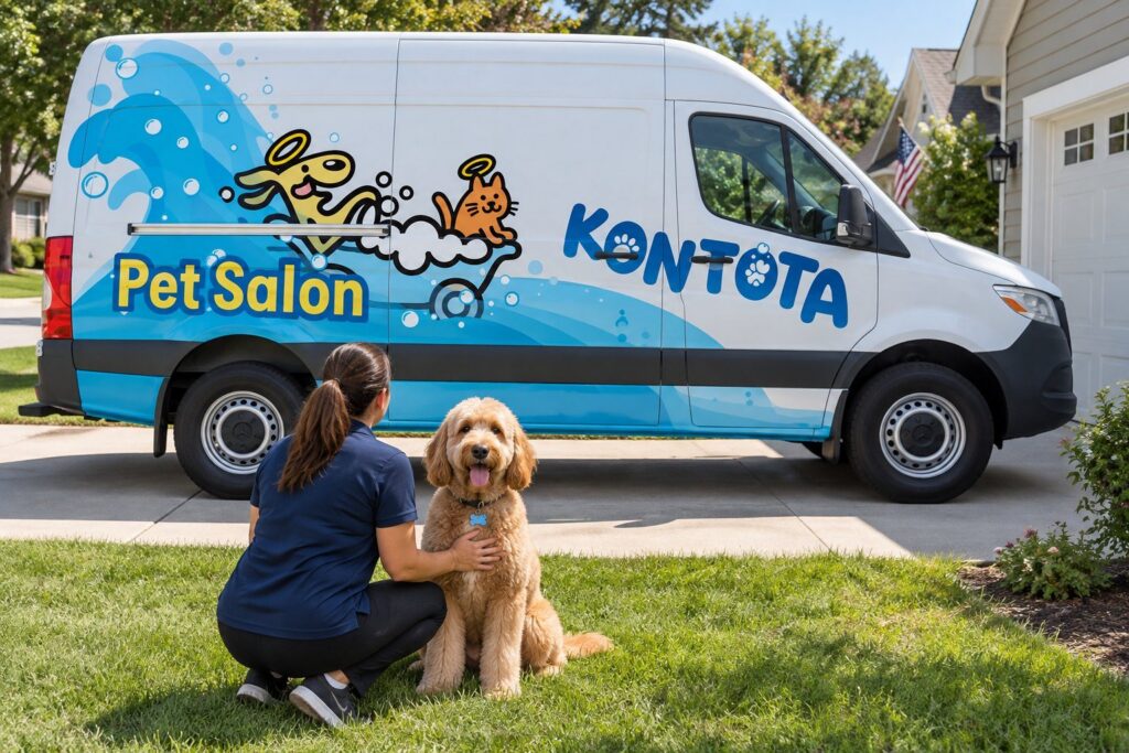 Kontota groomer with a goldendoodle beside the mobile grooming van