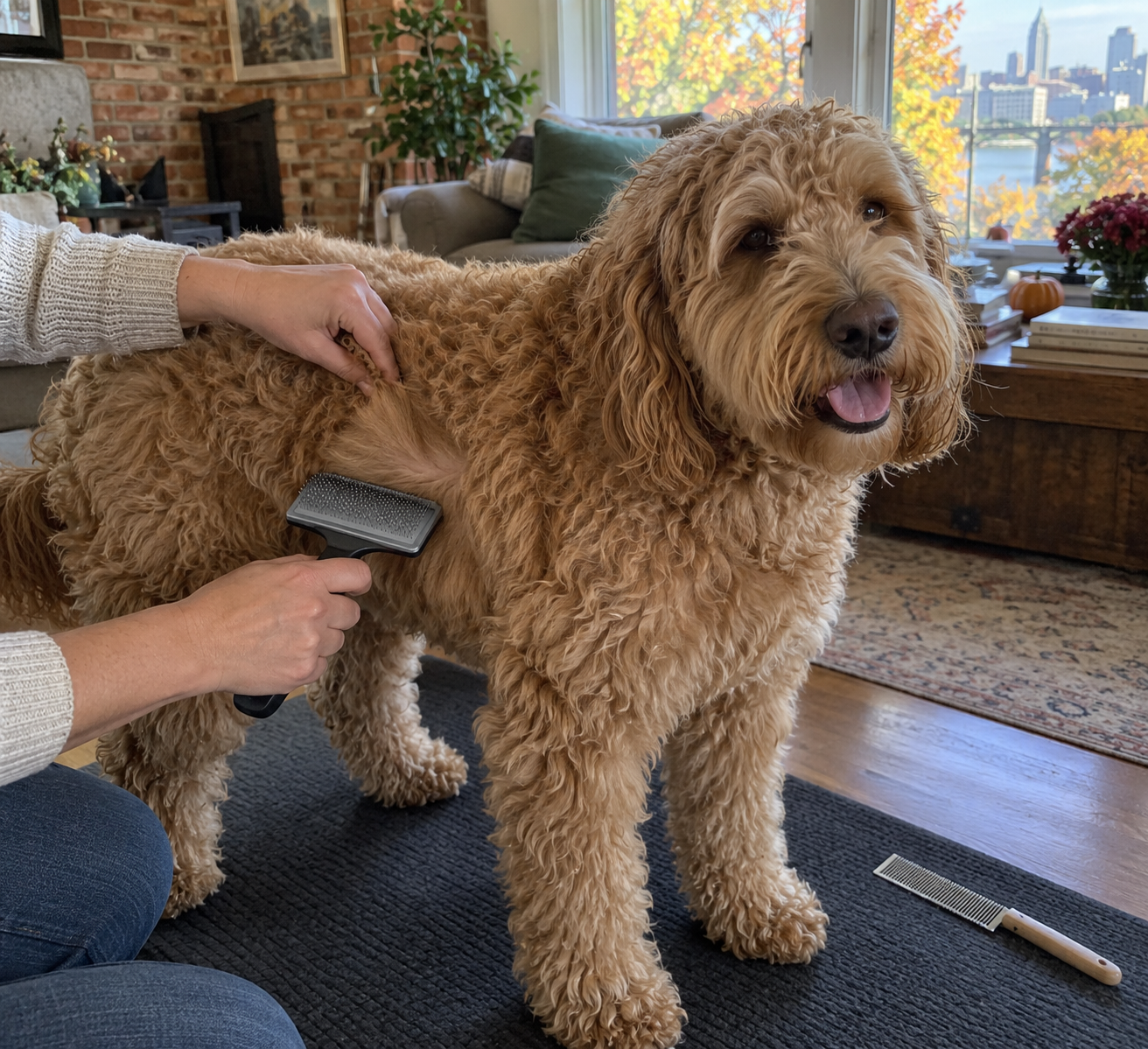 Illustration of gently sectioning a curly dog coat before brushing