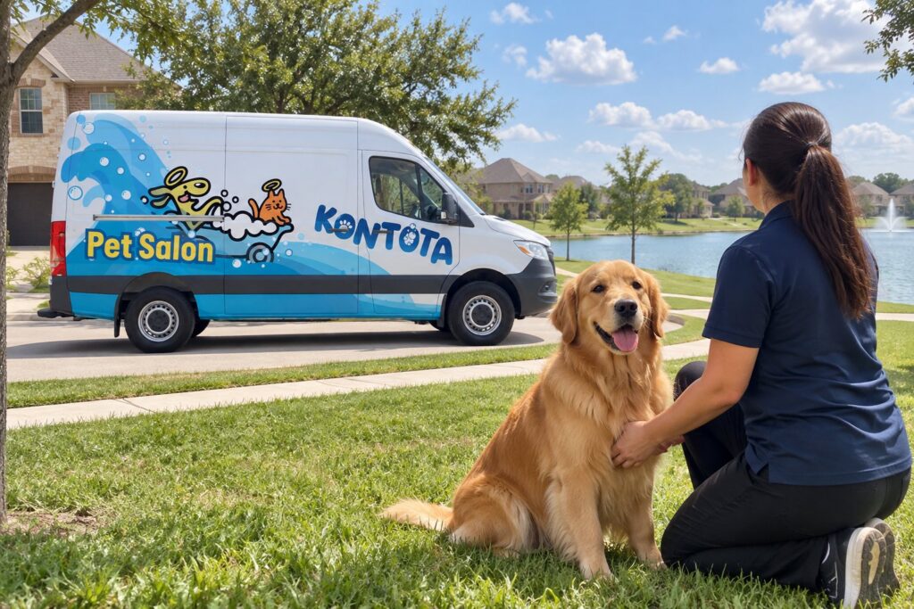 Kontota groomer with a golden retriever beside a lake in a Katy, TX neighborhood, mobile grooming van behind