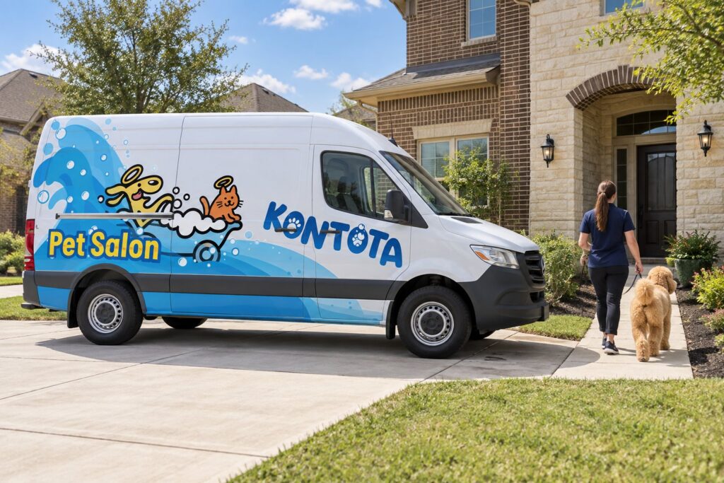 Kontota mobile dog grooming van parked in a Katy, TX driveway as a groomer walks a doodle to the door