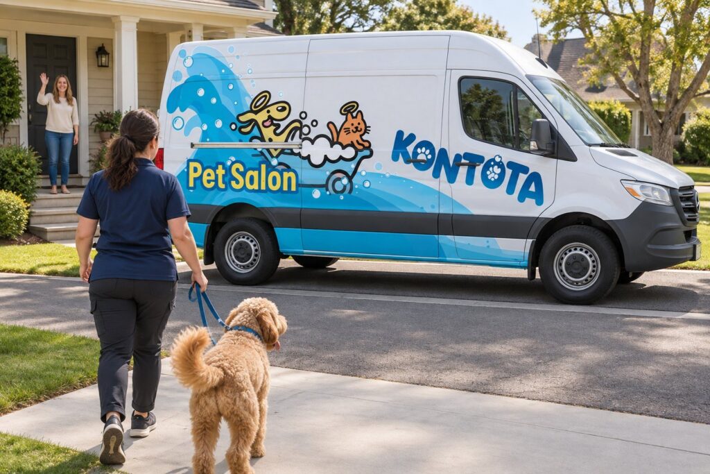Kontota groomer walking a doodle to the mobile grooming van in a Prosper, TX driveway